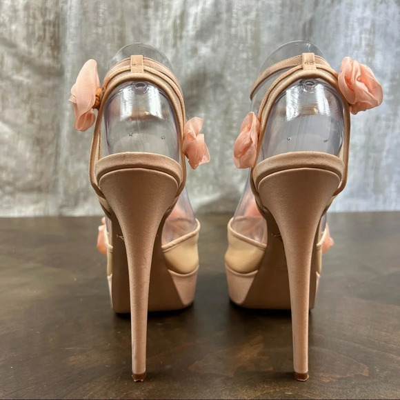 Charlotte Olympia Fleur Platform Sandals Heels Organza Flowers Pink Nude 38 1/2 - Picture 14 of 16